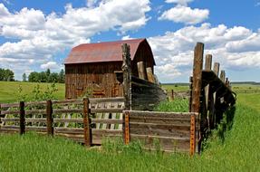 Old Barn behind wooden fence on meadow at summer, usa, Colorado