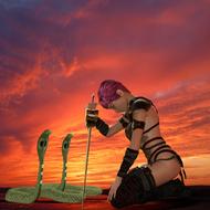 fantastic image girl warrior leans in front of snakes