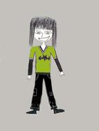 kid drawing, boy in green sweater wit batman symbol