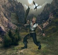 dragon and man fighting in gorge, fantasy, digital art