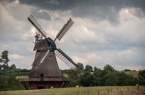 Old Windmill in rural landscape at cloudy evening, netherlands