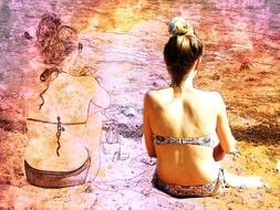 girl bikini move sea drawing