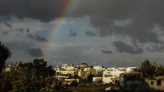 rainbow in the stormy sky over the city