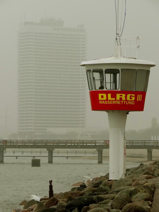 watchtower in fog in WarnemÃ¼nde, Germany
