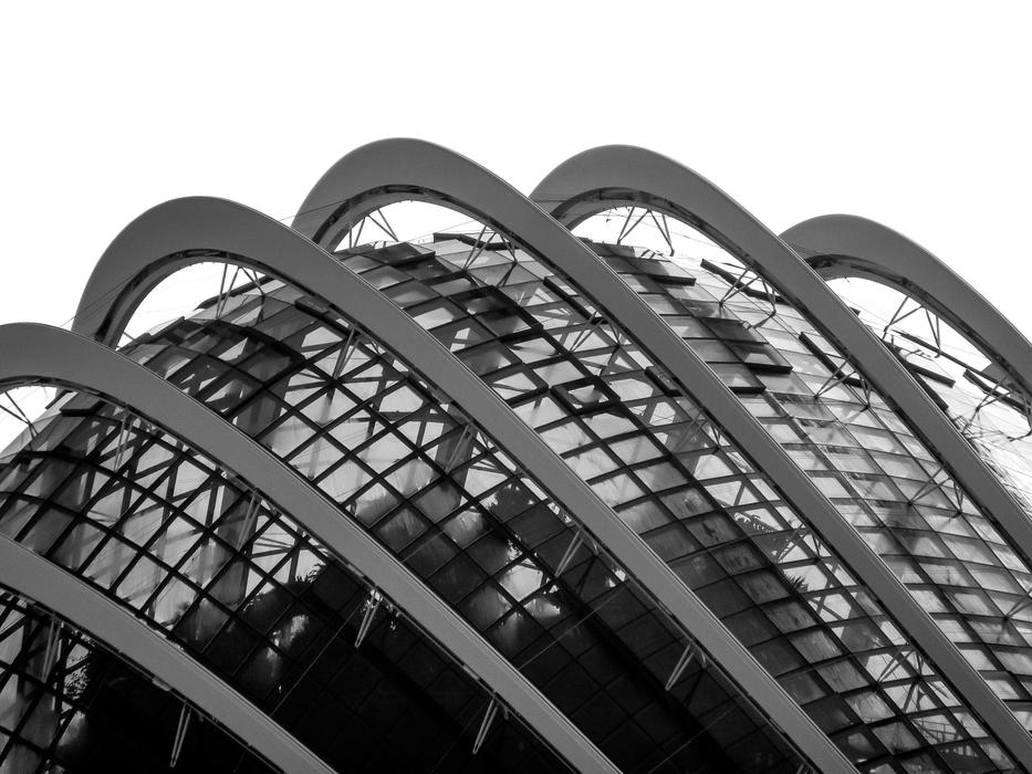 monochrome photo of grey dome of a modern building