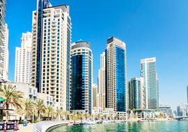 panoramic view of skyscrapers on the coast in dubai