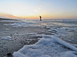 the boy walks along the shore of the evening sea
