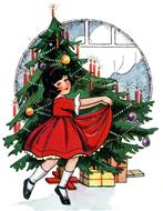 painted girl in a red dress on a background of the Christmas tree