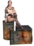 painted warrior girl sitting on a rusty barrel