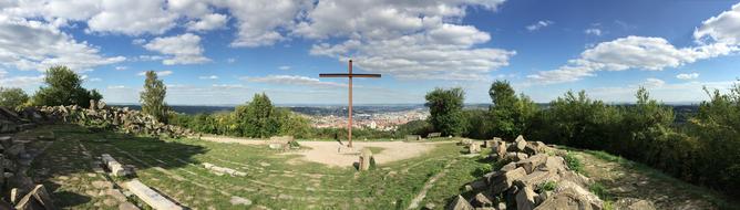 Iron cross in the field in the panoramic photo