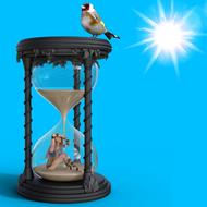 image of a woman in an hourglass against a blue sky