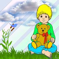 cartoon boy sits with teddy bear on lawn