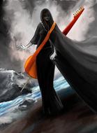 Figure Girl with orange guitar in a surreal landscape