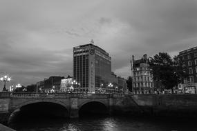 black and white picture of Dublin at night, Ireland