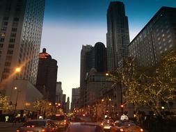 Beautiful and colorful Michigan Avenue in the downtown of Chicago with lights in the evening in Illinois, USA