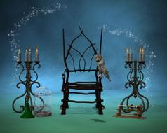 magical image of an owl on a chair and two candlesticks