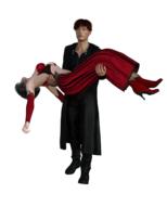 painted man carries a woman in a red dress in his arms