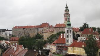 aged bell towers in historical city, Czech, Krumlov