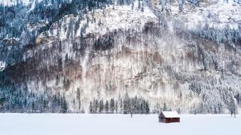 Barn on snowy mountains in Germany