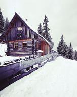winter photo of an old wooden house in Austria