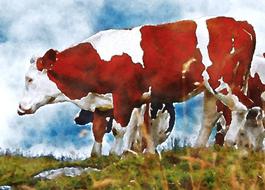 spotted cows painted on canvas on a meadow