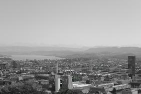 black and white panorama of Zurich and the lake