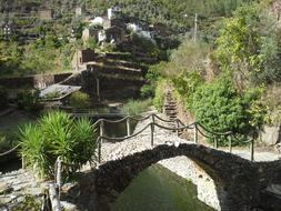 ancient architecture and stone arch bridge over the river