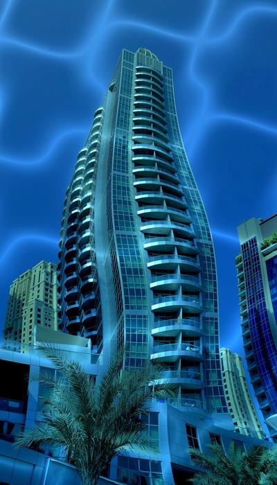 blue pattern overlapping Dubai Skyscrapers