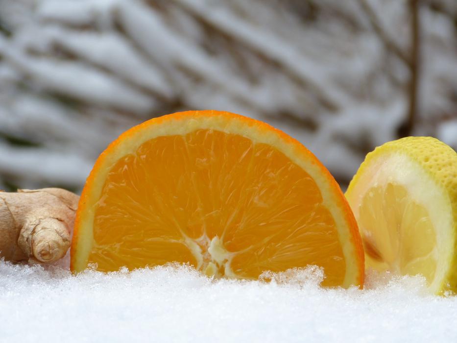 orange, lemon and ginger in the snow