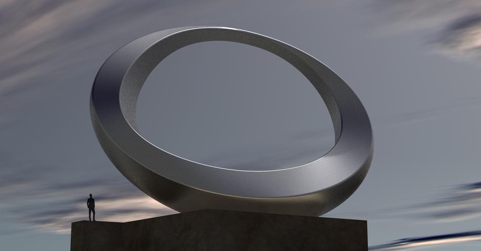 Silhouette of a person, near the big, shiny, round sculpture, under the cloudy sky
