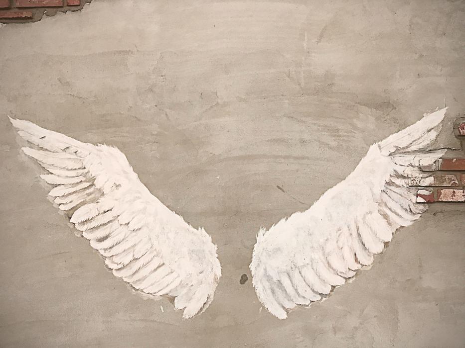 painted white wings on a concrete wall