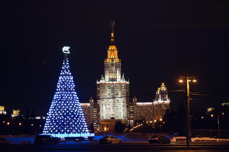 brightly lit christmas tree outside the city building