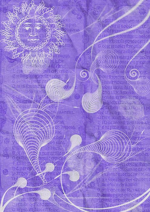 sun with face, drawing at vintage purple background