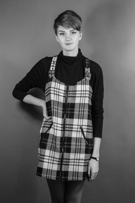 Model in plaid sundress