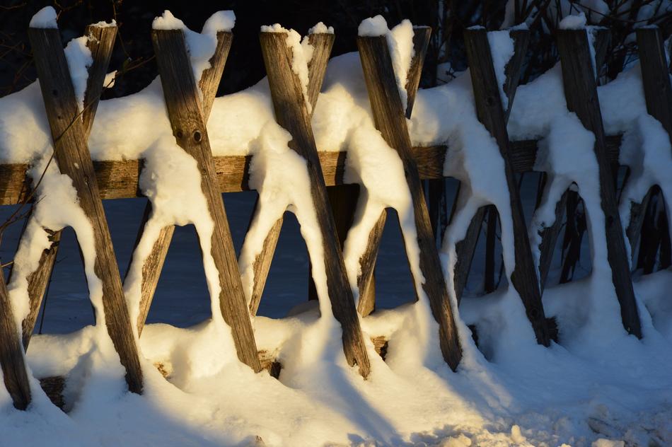 wooden fences in the snow in winter