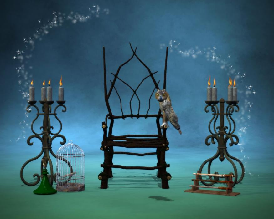 magical image of an owl on a chair and two candlesticks