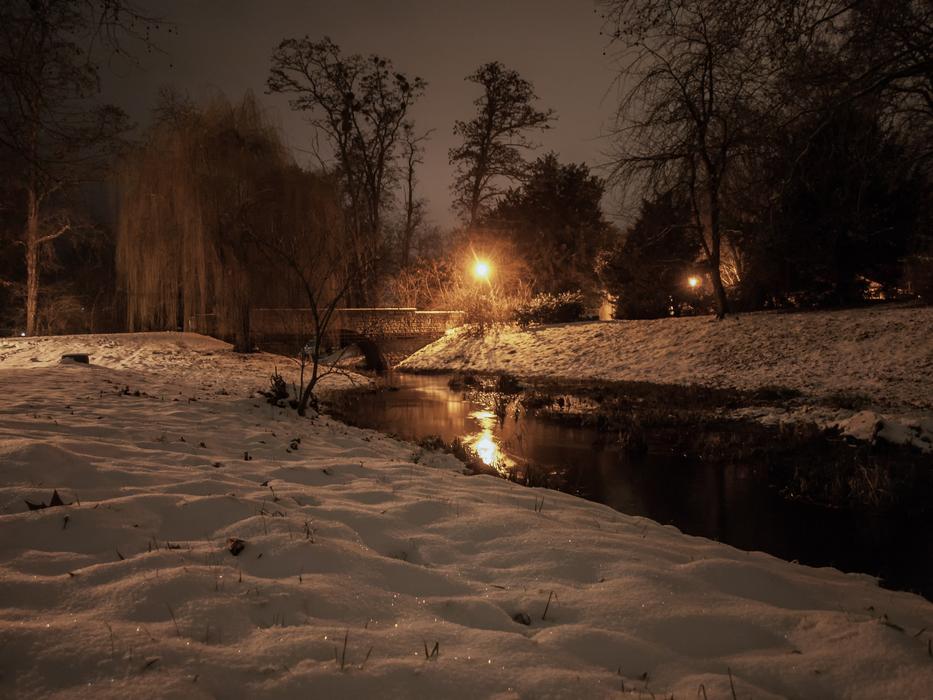 Snow river bay at Night