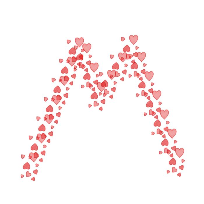 the letter m in red hearts