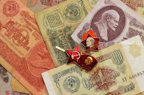 Soviet money with badges