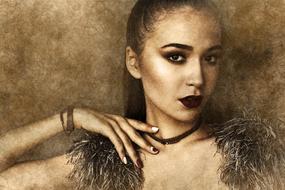 retro portrait of a beautiful girl with feathers on her shoulders
