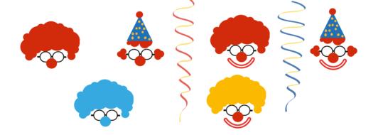 clown colored masks on a white background