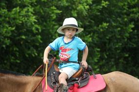 Child boy in wide hat on Horse back