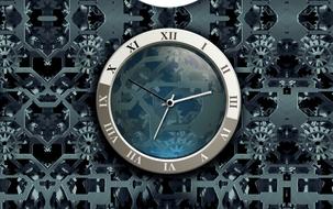 Beautiful blue clock with silver frame at background with gears
