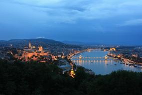 Beautiful cityscape of Budapest with the bridge, with colorful lights in the evening, Hungary