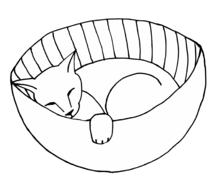 Black and white drawing of the cat sleeping in the basket