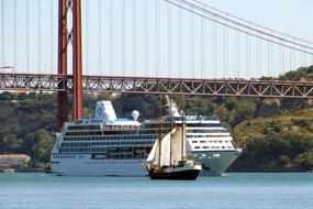 ship sailing under the bridge