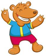 Orange cartoon bear in a t-shirt and shorts at white background