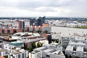 Beautiful cityscape of the colorful LandungsbrÃ¼cken, in Hamburg, Germany, under the cloudy sky