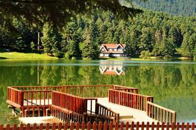 wooden bridge overlooking the lake and the house