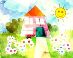 Beautiful and colorful, watercolour painting of the house, among the colorful flowers and trees, and smiling Sun in the sky with clouds, clipart